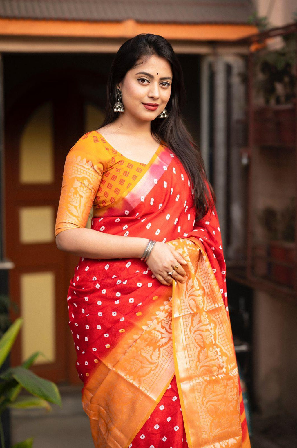 Red Jute Silk Printed Saree with Unstitched Blouse - Hiral Fashion