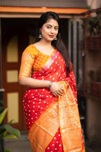 Red Jute Silk Printed Saree with Unstitched Blouse - Hiral Fashion