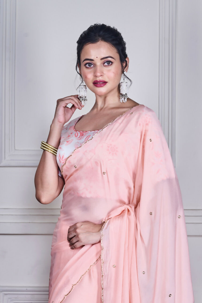 Morchari Peach Chiffon Hand Embroidery Saree And Stitched Blouse - Distacart