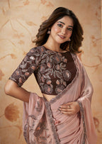 Peach Crepe Satin Silk Thread, Sequence, Cord Embroidered with Stone Work Saree - Mohmanthan Dakshika