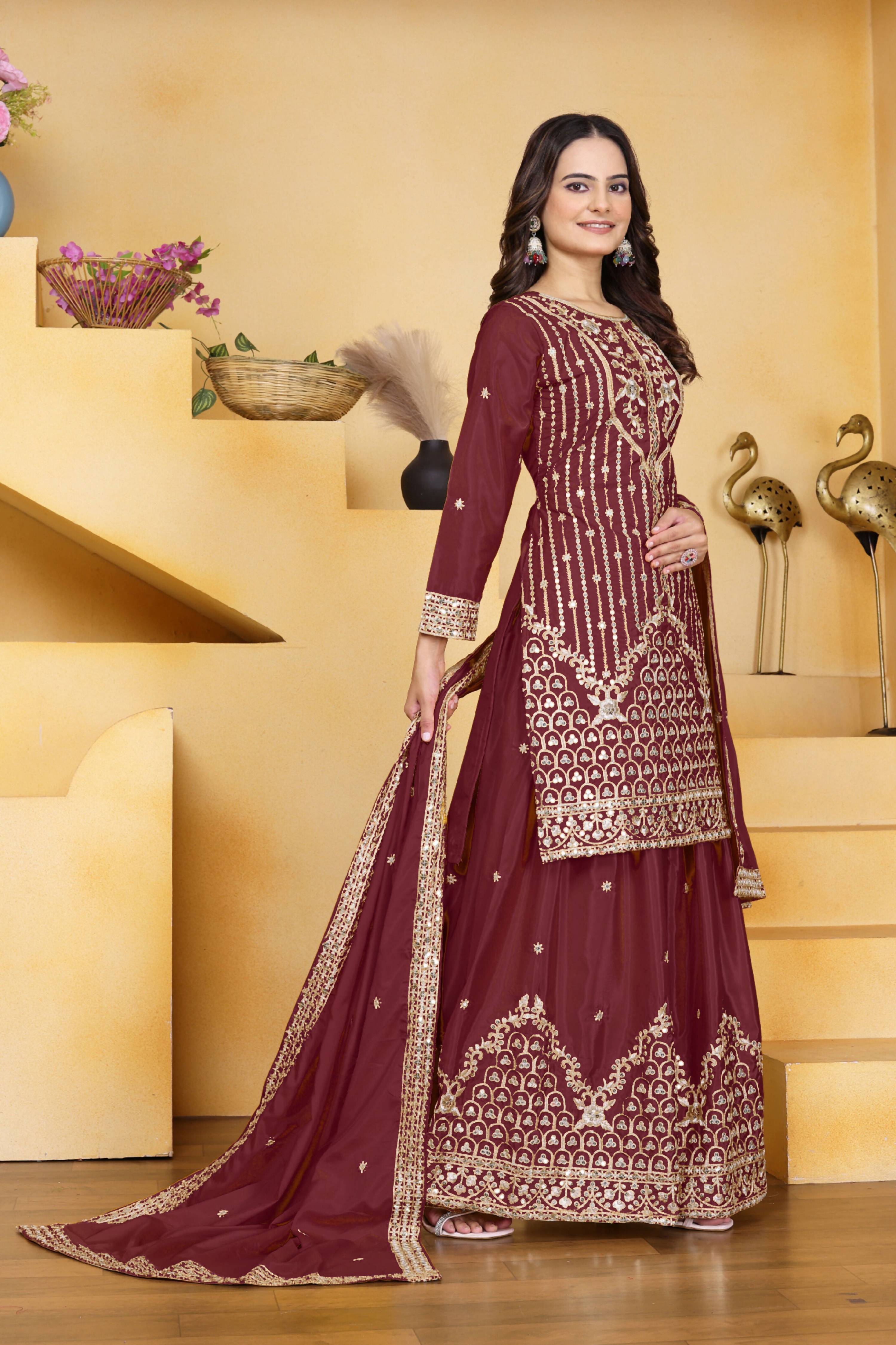 Lehenga Mart Designer Sharara Suit With Kurta, Sharara, Dupatta For Women-Maroon - Distacart