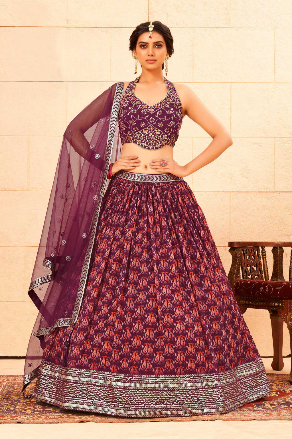 Purple Faux Georgette Sequence work Lehenga Choli with Dupatta - Dhvani
