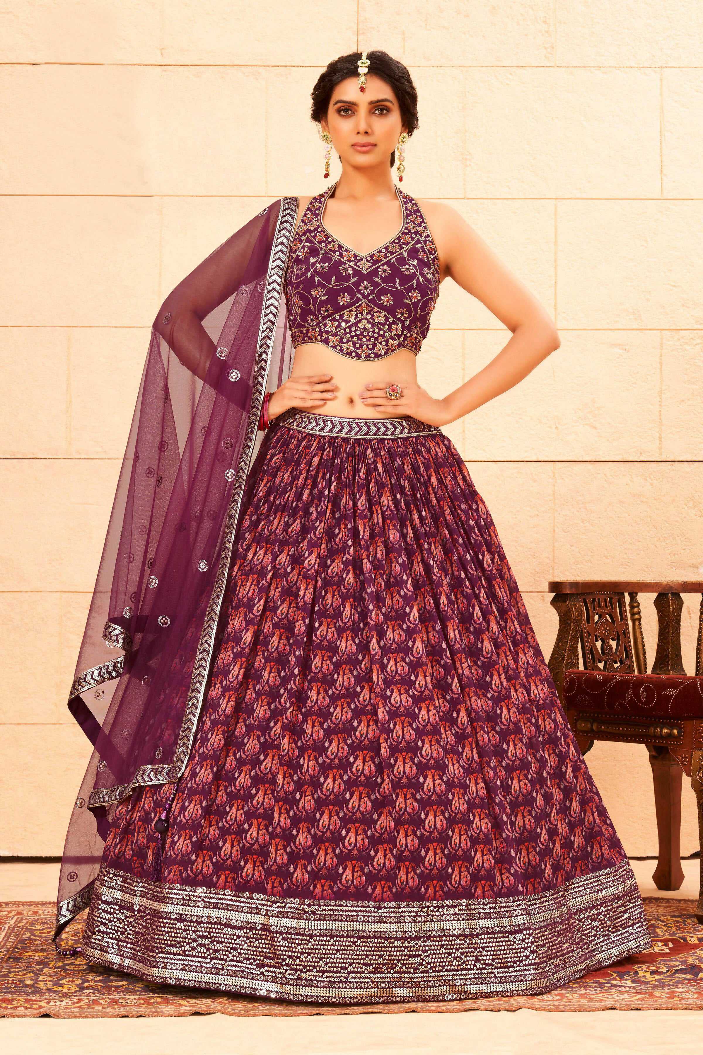 Purple Faux Georgette Sequence work Lehenga Choli with Dupatta - Dhvani