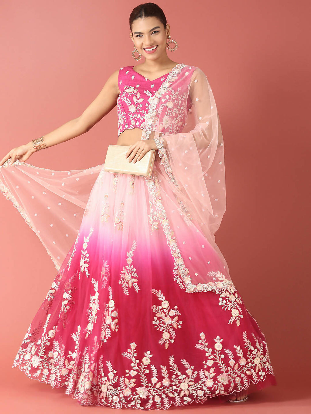 House of Panchhi Rose Tone Shadding Net Sequinse Work Lehenga & Blouse, Dupatta