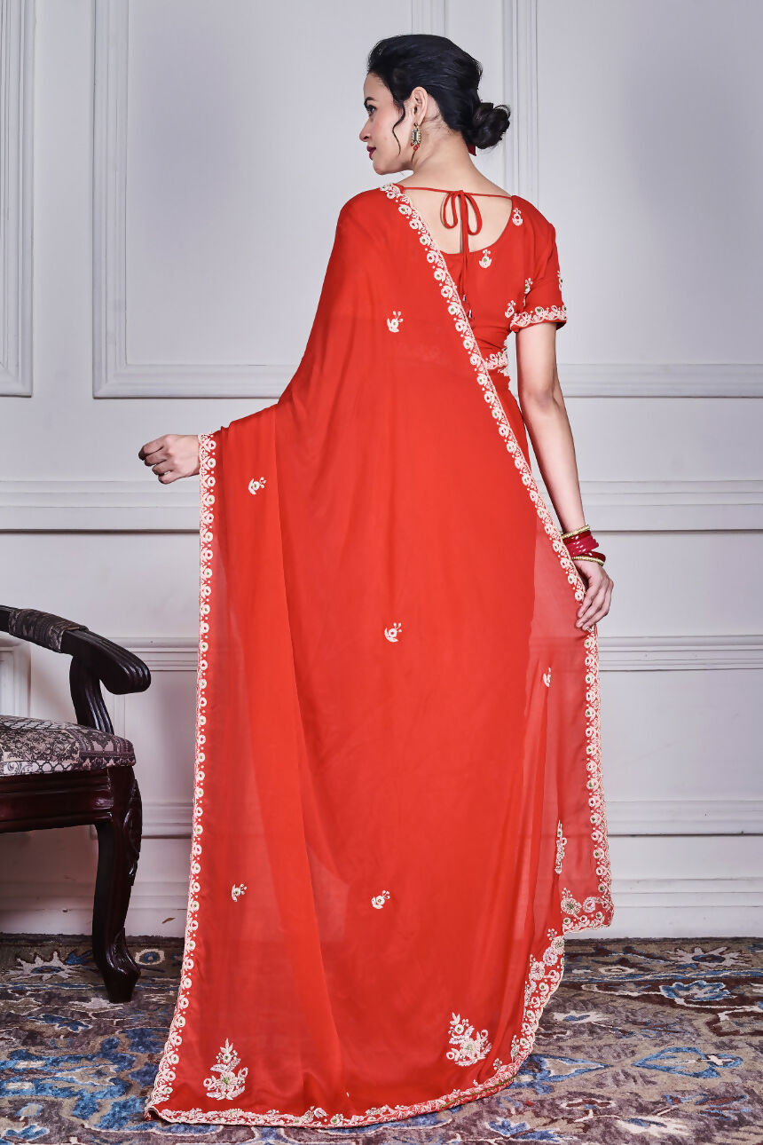 Morchari Red Chiffon Hand Embroidery Saree And Stitched Blouse - Distacart
