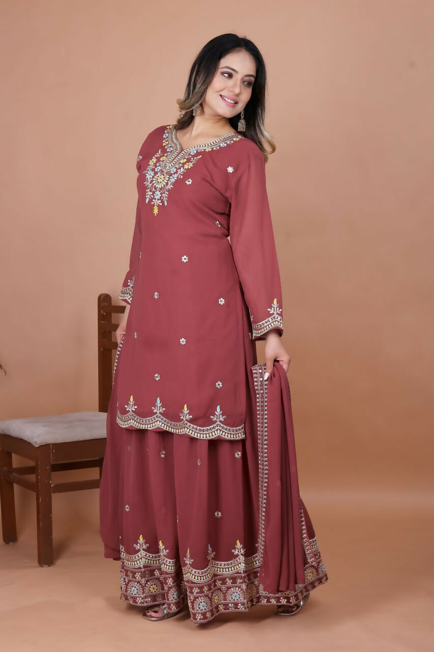 Joban Fashion Maroon Georgette Embroidered Sharara Set - Distacart