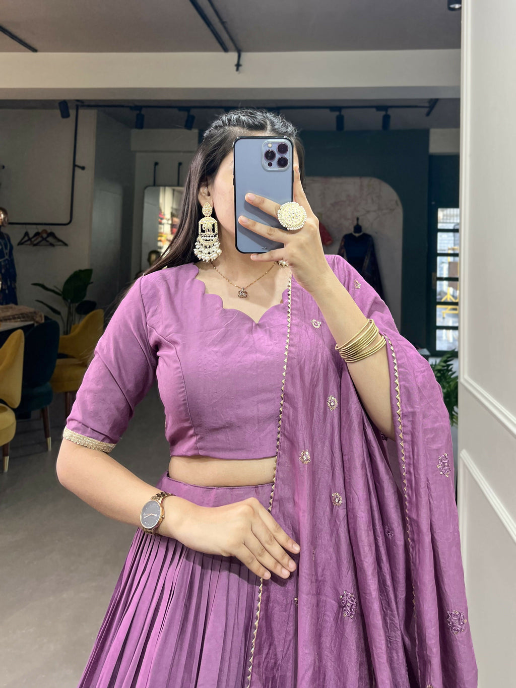 Lorenvalley Lavender Pure Chanderi Plain With Zari Weaving Work Border Lehenga Choli