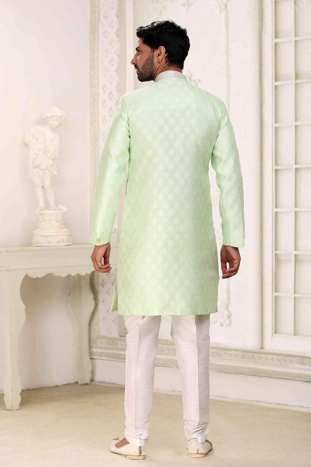 Raivat Ethnic Banarasi Jacquard Embroidery Semi Indo Western Sherwani In Pista Green Colour