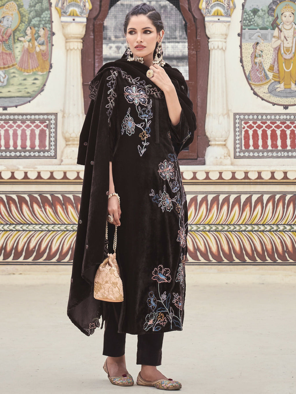Jyoti Fashion Women's Brown Velvet Resham Thread with Jari & Sequin Kurta with Trouser & Dupatta