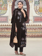 Jyoti Fashion Women's Brown Velvet Resham Thread with Jari & Sequin Kurta with Trouser & Dupatta