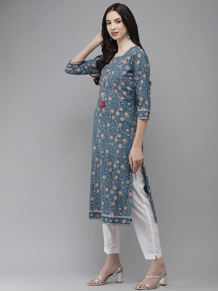 Yufta Women Blue And White Kurta with Trouser Set