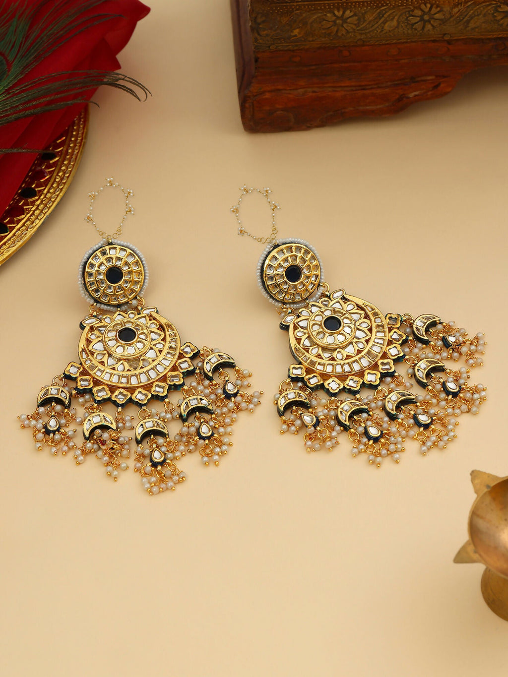 Ruby Raang 22k Gold Polished Kundan Chand Earrings With Ear Chains - Distacart