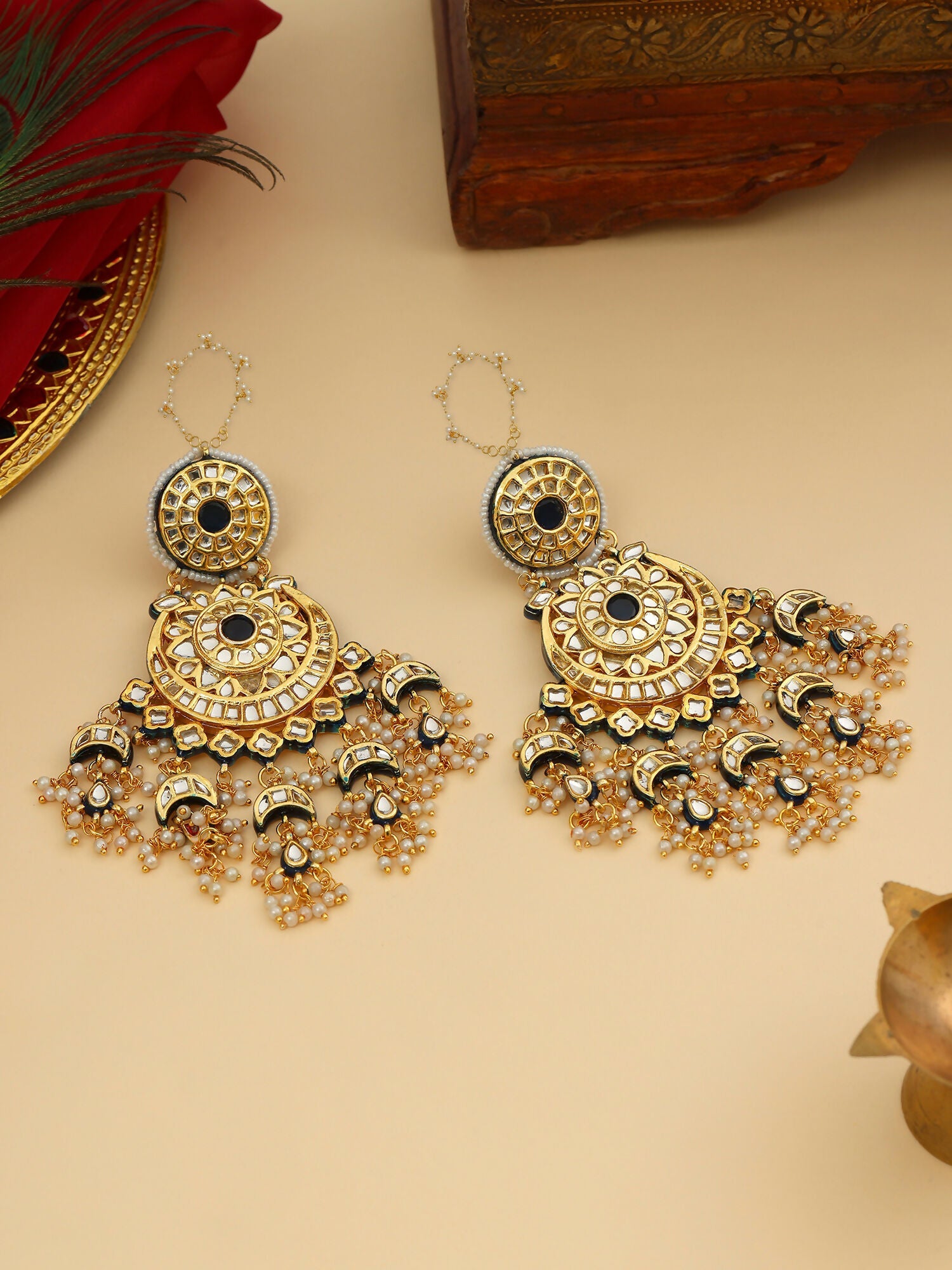 Ruby Raang 22k Gold Polished Kundan Chand Earrings With Ear Chains - Distacart