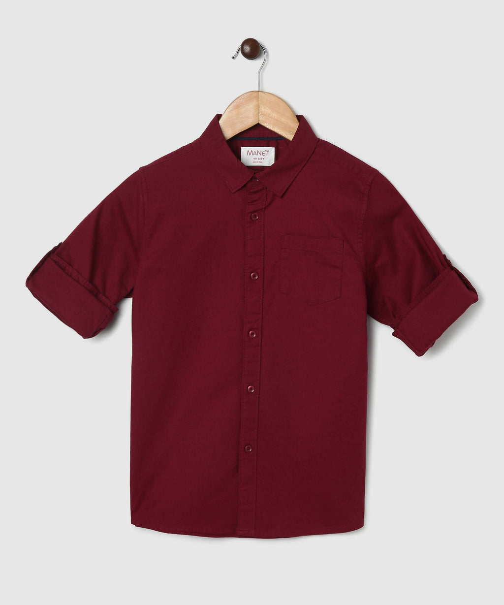 Manet Boys Mandarin Collar Full Sleeves Melange Shirt - Maroon