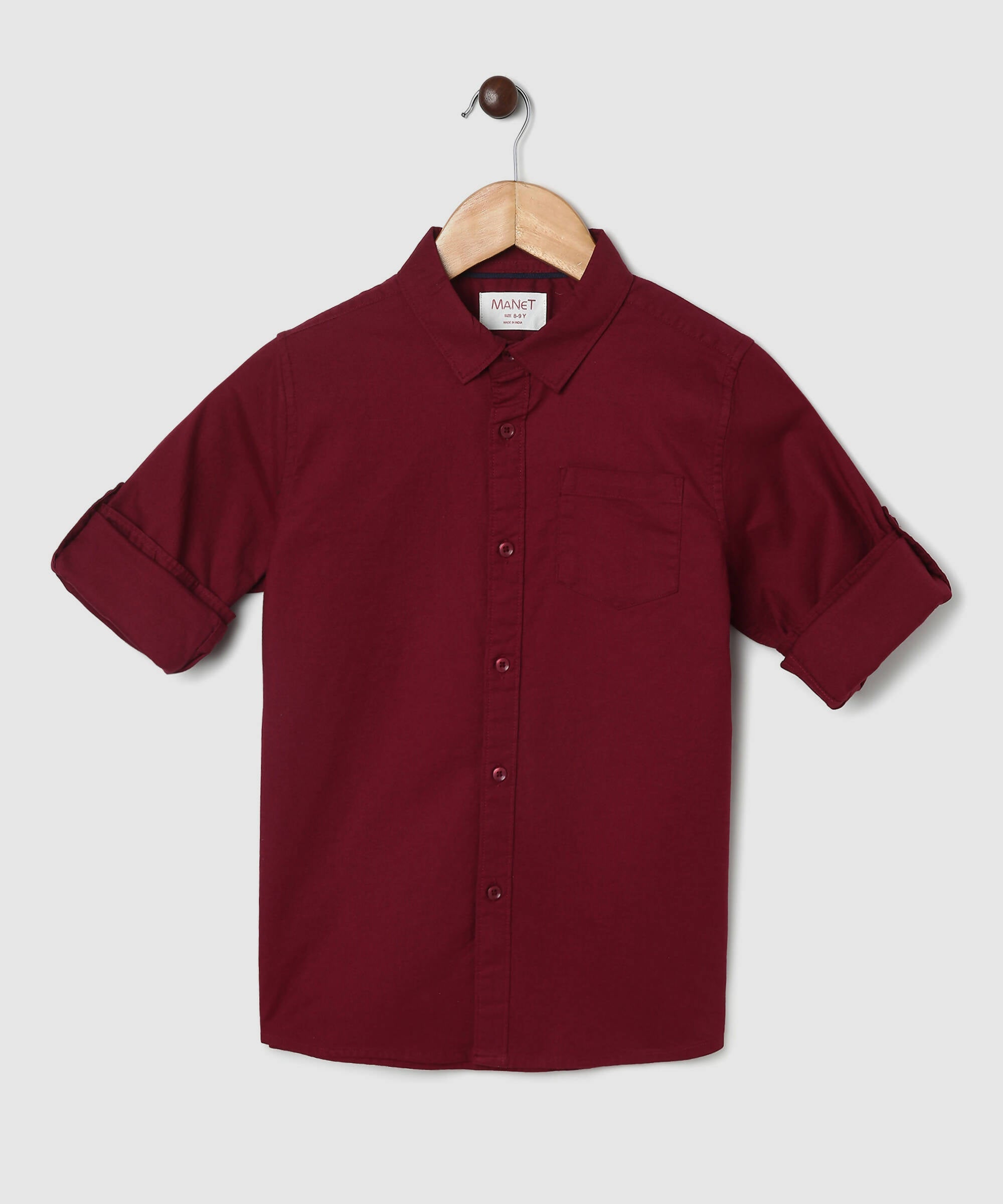 Manet Boys Mandarin Collar Full Sleeves Melange Shirt - Maroon
