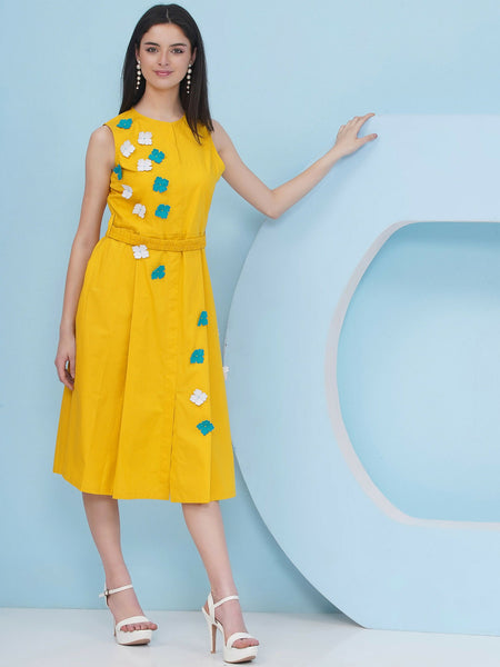 Joban Fashion Yellow Dress with 3D Flower Embroidery and Belt