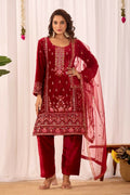 Joban Fashion Red Kurta Set Velvet Embroidery Sequence Work - Distacart