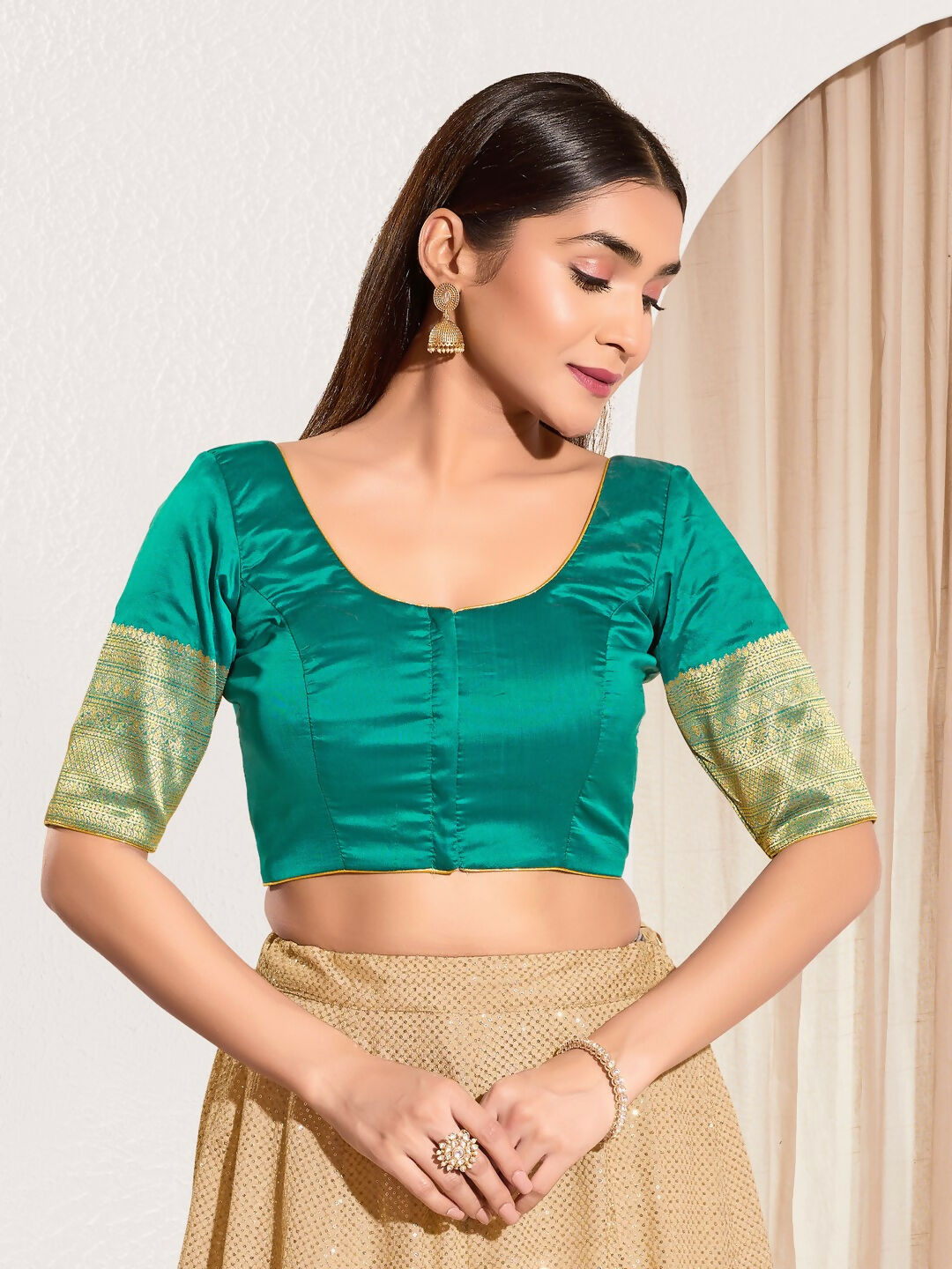 Joban Fashion Rama Green Taffeta Silk Padded Blouse With Round Neck Elbow Sleeves - Distacart