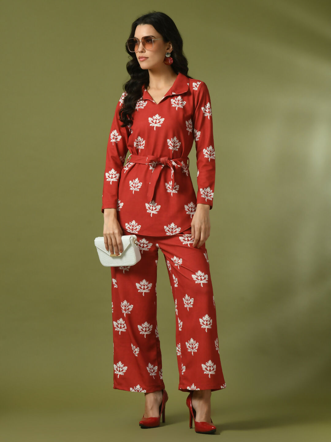 Myshka Women's Rust Printed Polo Collar Party Top With Trousers Co-ord set