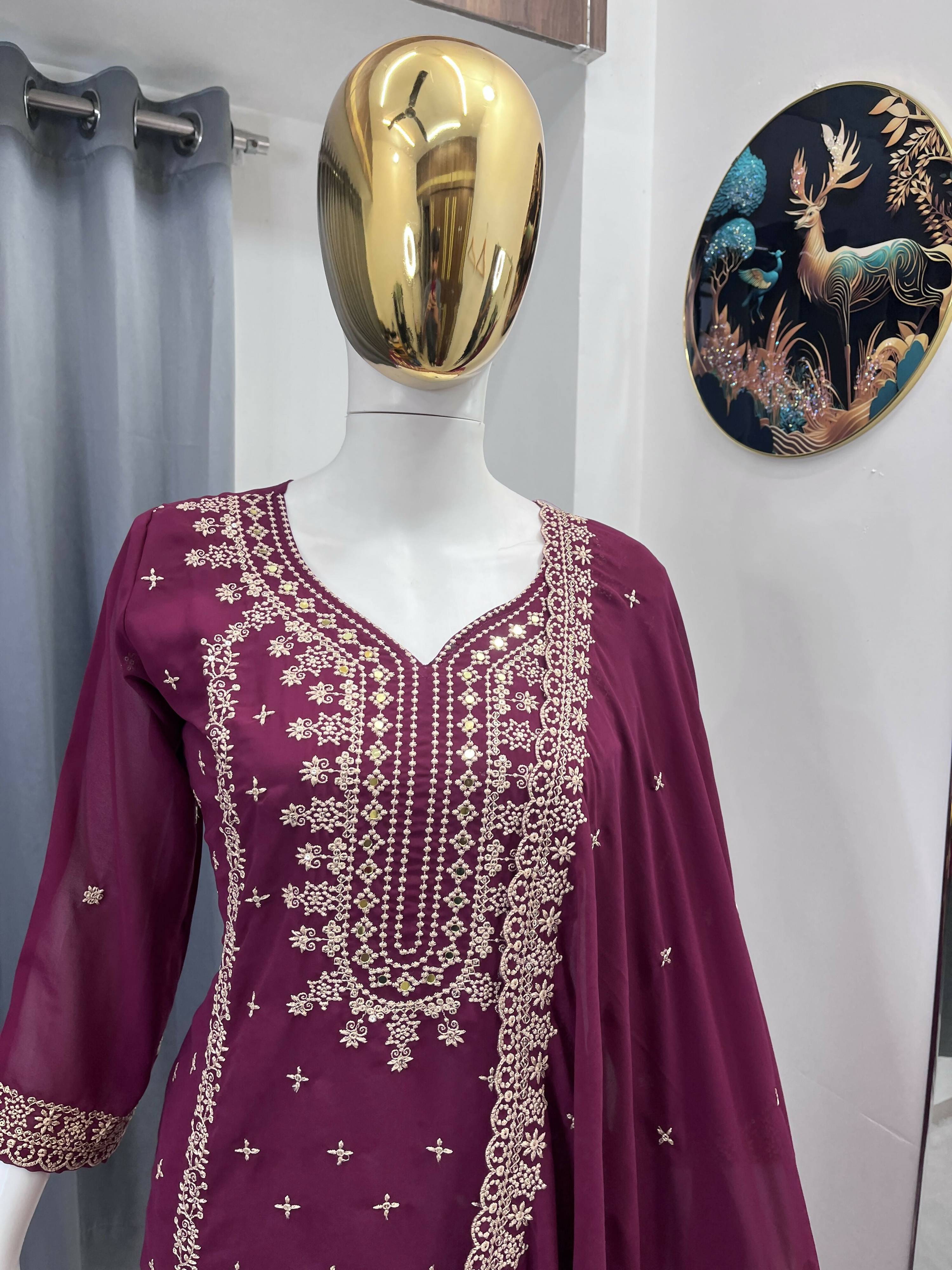 Teeya Creation Wine Color Faux Georgette Embroidery Work Party Wear Salwar Suit - Distacart