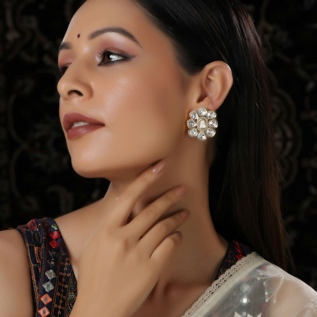 Oversized Round Kundan Studs (Gold) - Ruby Raang - Distacart