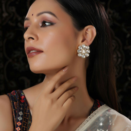 Oversized Round Kundan Studs (Gold) - Ruby Raang