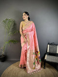 Joban Fashion Light Pink Peacock & Floral Motifs Soft Silk Kanchipuram Saree - Distacart