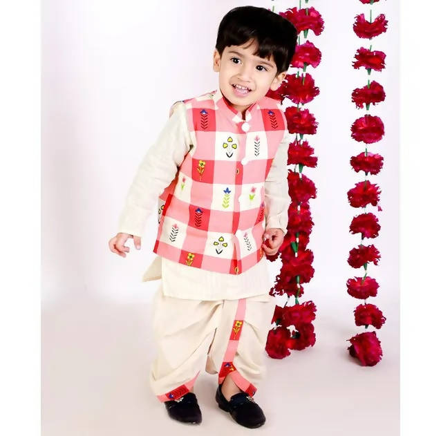 Little Bansi Boys Cream Color Floral Check Jacket with Kurta and Dhoti