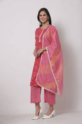 Myshka Women's Cotton Printed 3/4 Sleeve Round Neck Casual Pink Kurta Pant Dupatta Set