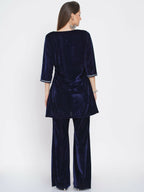 Women Republic Navy Blue Velvet Embroidered Kurta With Bellbottom Pants - Distacart