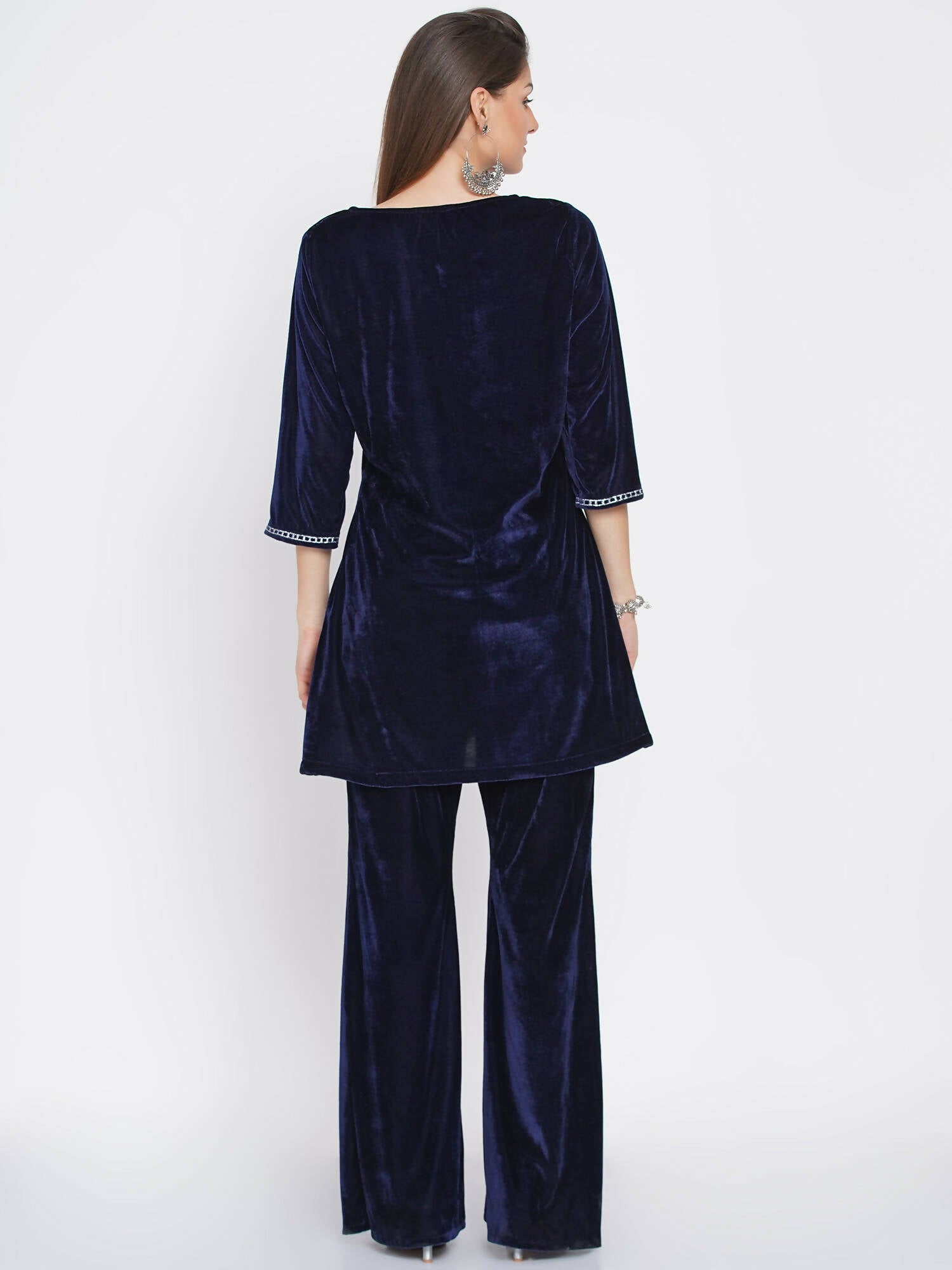 Women Republic Navy Blue Velvet Embroidered Kurta With Bellbottom Pants - Distacart