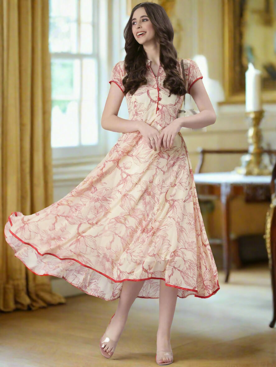 Souchii Floral Tiered Midi Dress For Women – Elegant Beige Button-Front A-Line