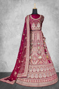Dark Red Velvet Pure Mirror Work Semi Stitched Lehenga Choli with Dupatta - Nimaya Lagnotsav