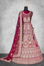 Dark Red Velvet Pure Mirror Work Semi Stitched Lehenga Choli with Dupatta - Nimaya Lagnotsav