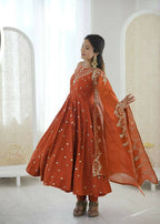 Teeya Creation Orange Color Roman Silk Embroidery Work Party Wear Gown - Distacart