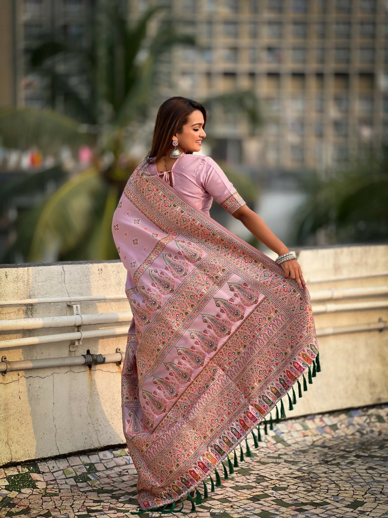 Pink Pashmina Silk Wevon Kashmiri Meenakari Designer Saree with Unstitched Blouse - Vandini