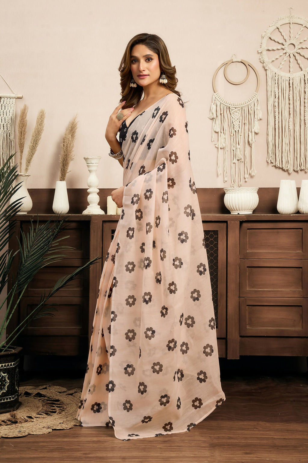 Vastranavya Cream Digital Printed Linen Ready To Wear Designer Saree with Unstitched Blouse - Distacart