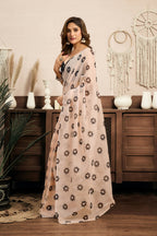 Vastranavya Cream Digital Printed Linen Ready To Wear Designer Saree with Unstitched Blouse - Distacart
