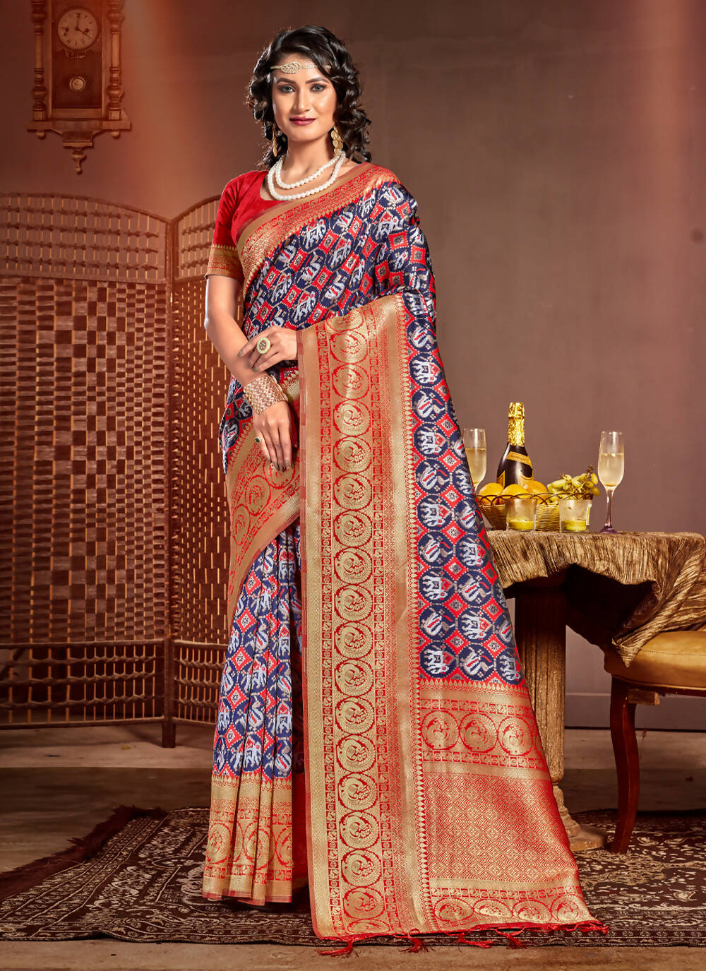 Blue Patola Silk Zari Woven Design Saree with Unstitched Blouse Piece - Aachal