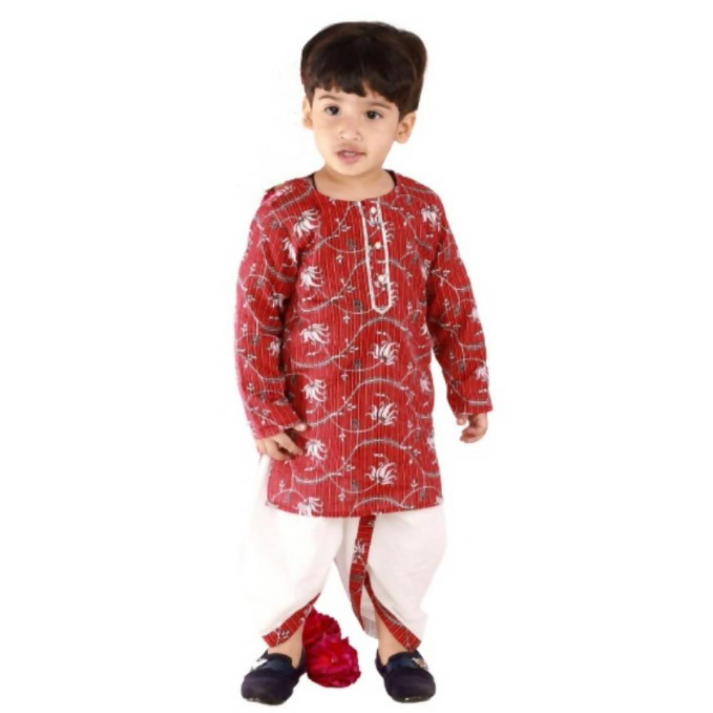 Little Bansi Boys Brown and White Color Bengali Kantha work floral kurta & Dhoti