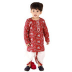Little Bansi Boys Brown and White Color Bengali Kantha work floral kurta & Dhoti