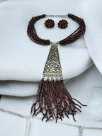 Inhanns Day-To-Dinner Tie Shaped Oxidized Black Metal Multi-Layered Long Necklace Set - Coffee