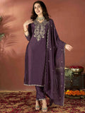 The52 Wine Women's Gorgeous Vichitra Fabric Embroidered Work Straight Kurta Pant and Dupatta Set - Distacart
