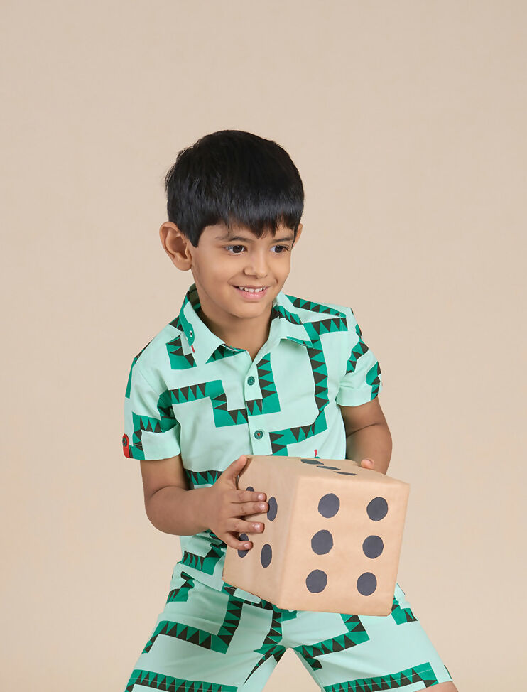 Snakes and Ladders Boys Green Table Print Shirt from Siblings Collection