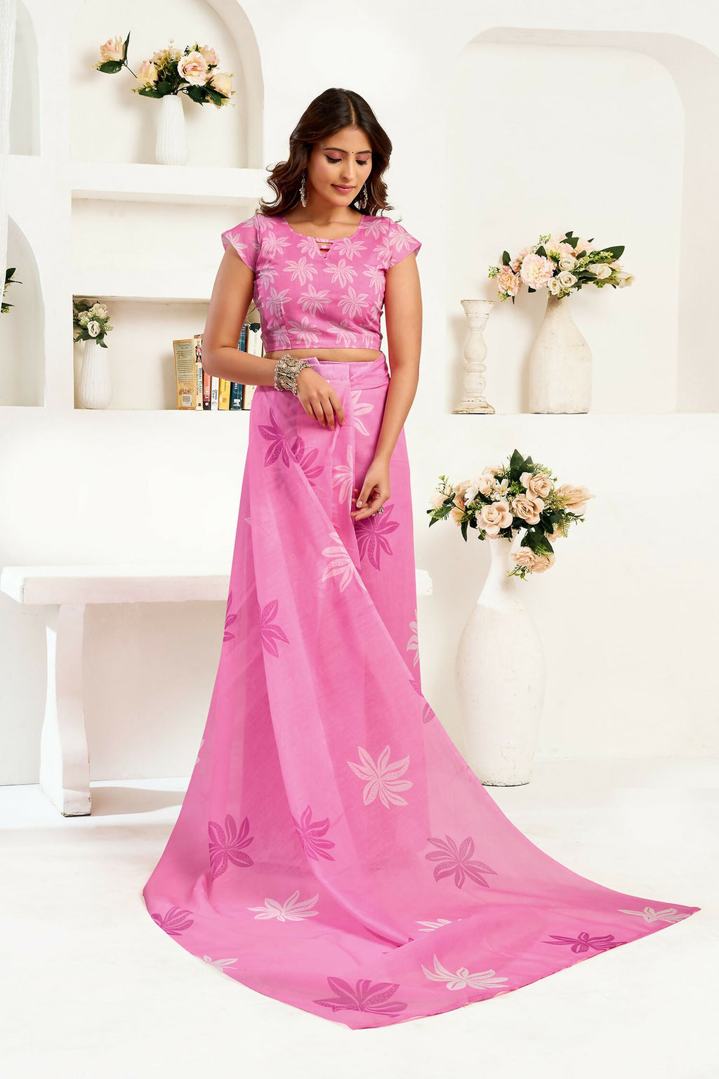 Joban Fashion Pink Floral Linen Ready To Wear Saree With Unstitched Blouse - Distacart