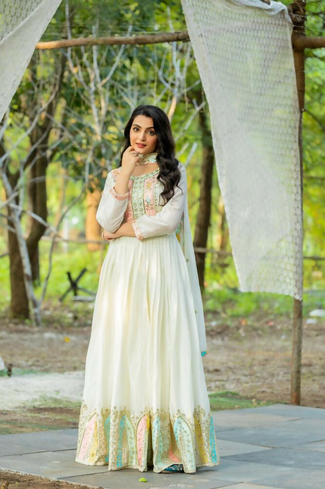 Joban Fashion White Chinnon Silk Sequence Embroidery Work Readymade Kurta Set - Distacart
