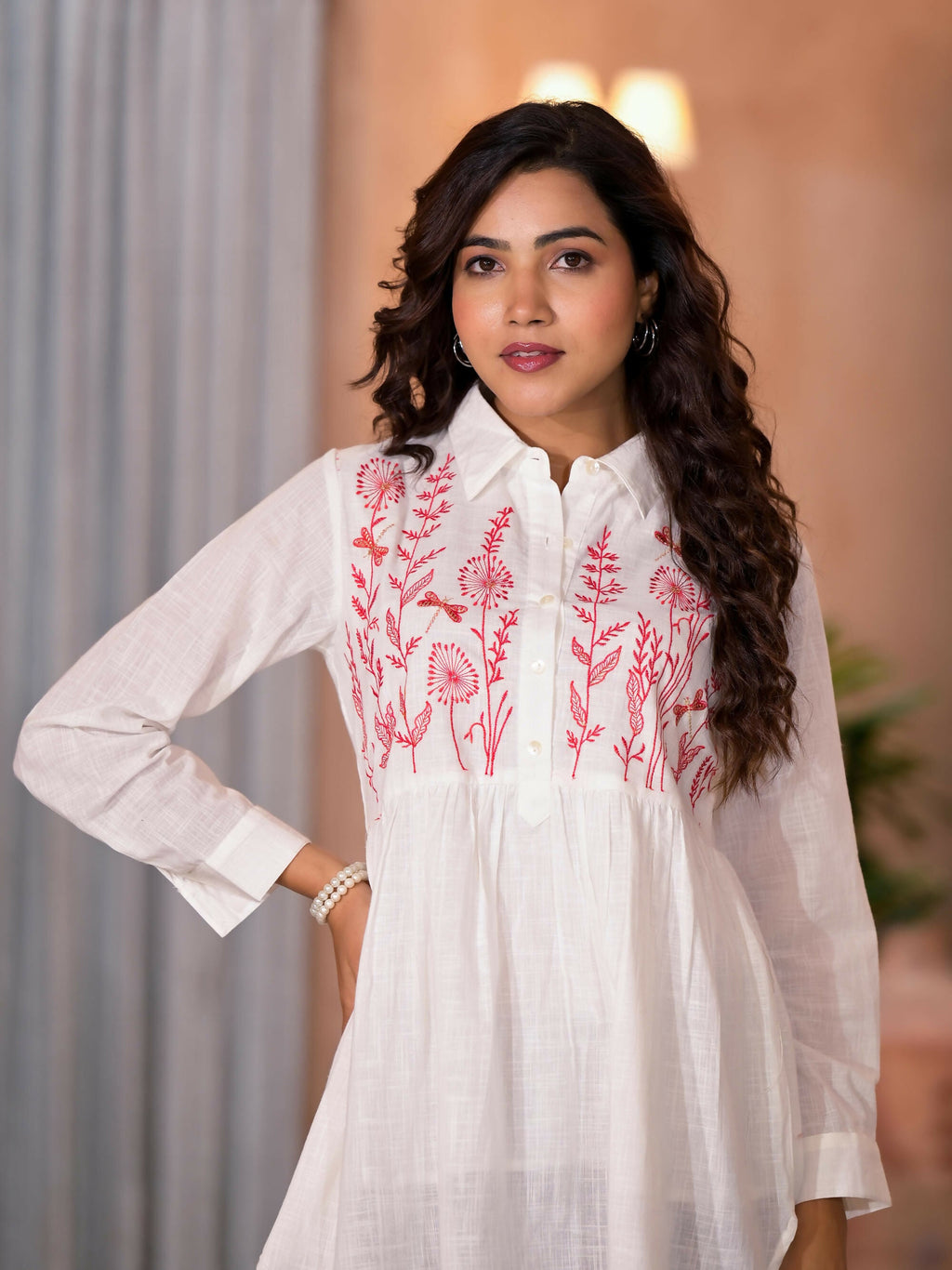 Juniper Women's White Thread Embroidered Cotton Tunic With Button Closure