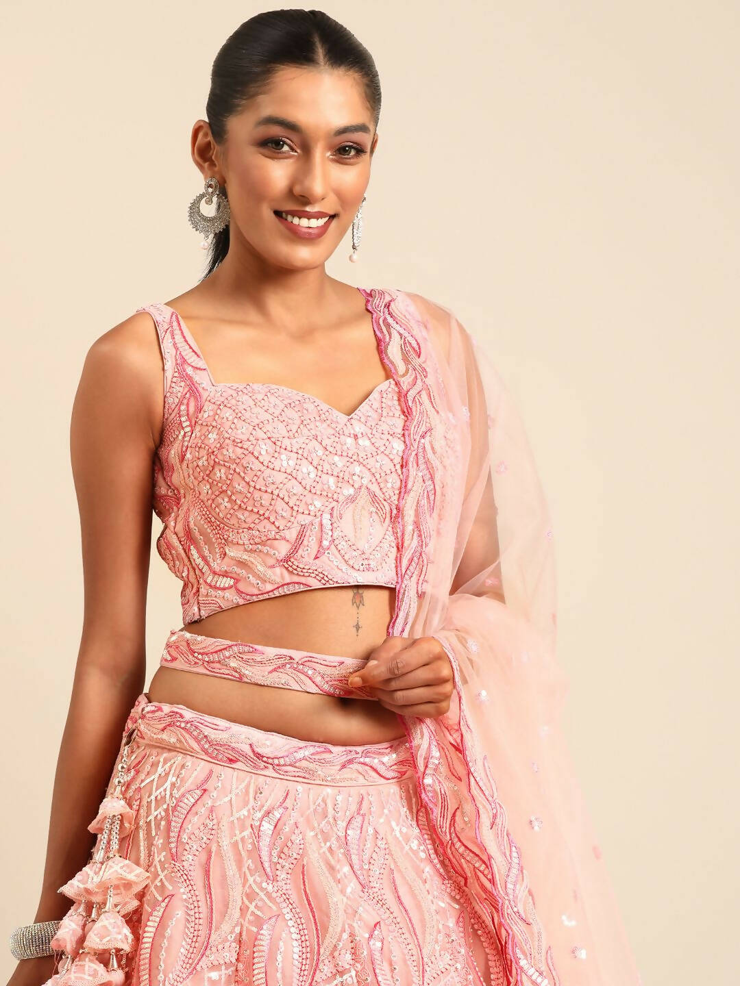 House of Panchhi Coral Pink Net Sequins and Zarkan embroidery Lehenga choli & Dupatta