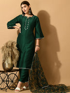 Myshka Women's Green Embroidered Party Kurta Sets