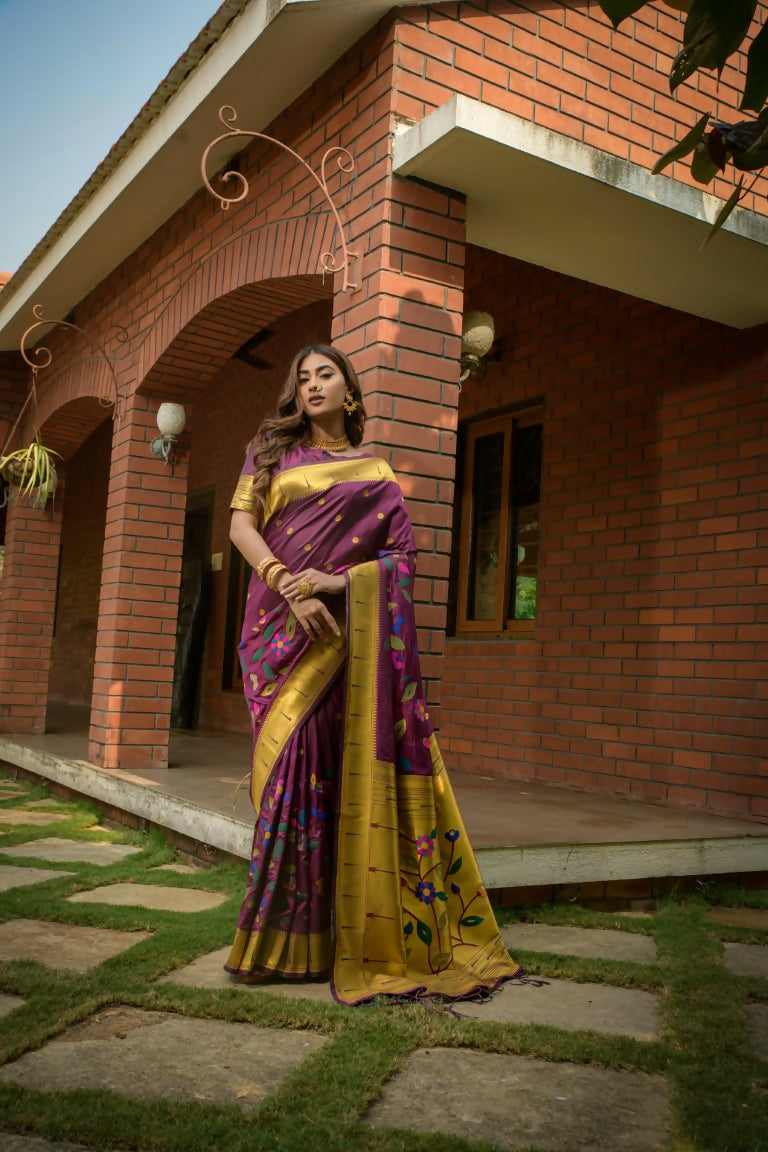 Jyoti Fashion Women's Wine Paithani Silk Zari Woven Saree with Blouse
